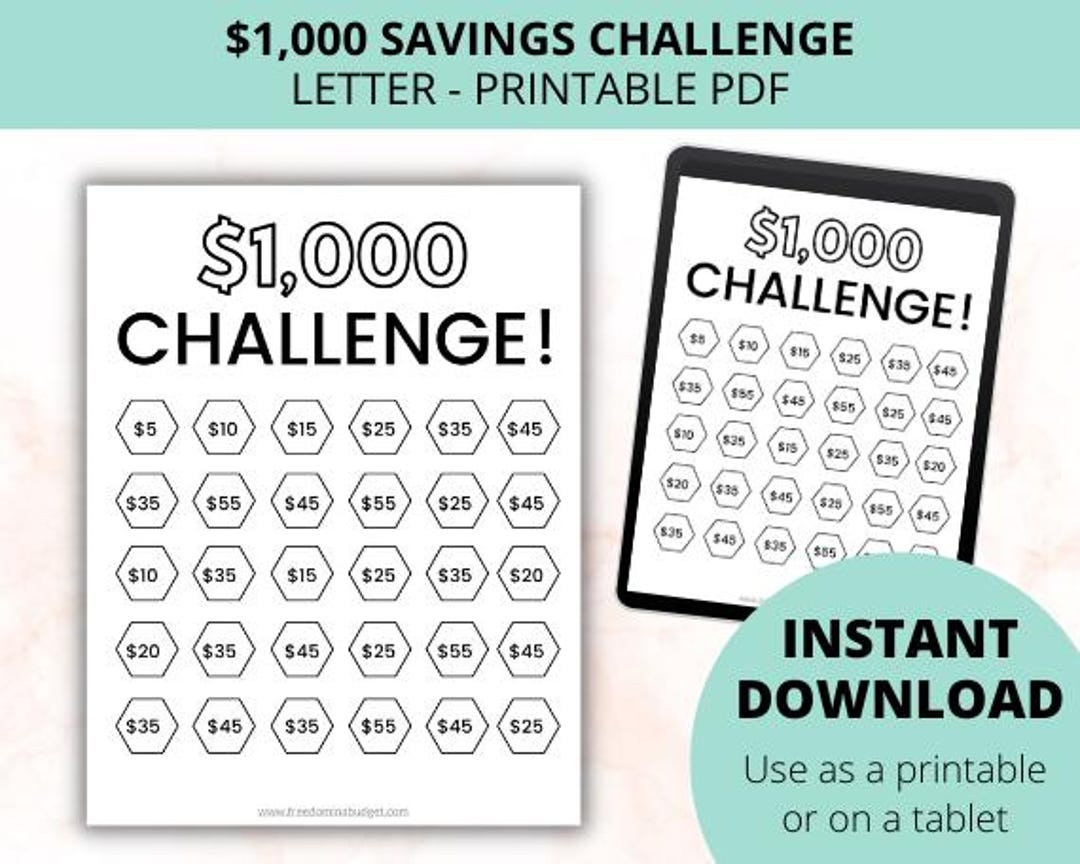 1k Money Saving Challenge Printable | Save 1,000 Challenge | Savings ...
