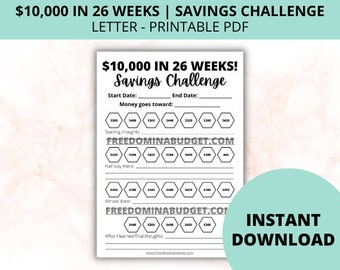 10,000 in 26 Weeks | Money Saving Challenge Printable | Savings Tracker | Savings Planner