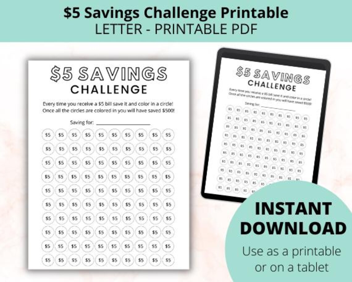 Money Saving Challenge Printable | 5 Dollar Savings Challenge | Savings ...