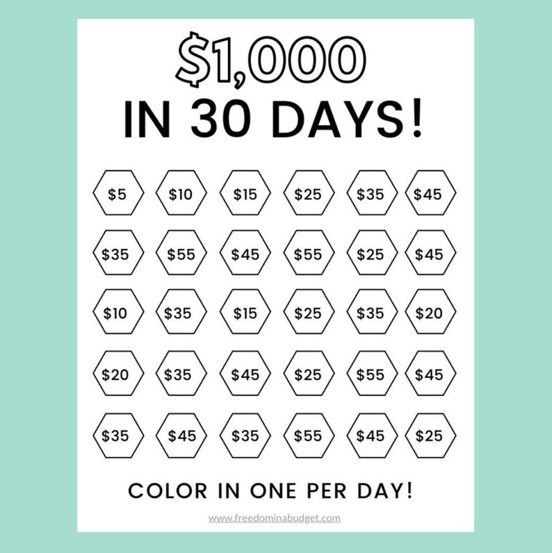 Money Saving Challenge Printable Save 1000 in 30 Days Savings Tracker Savings Planner image 1