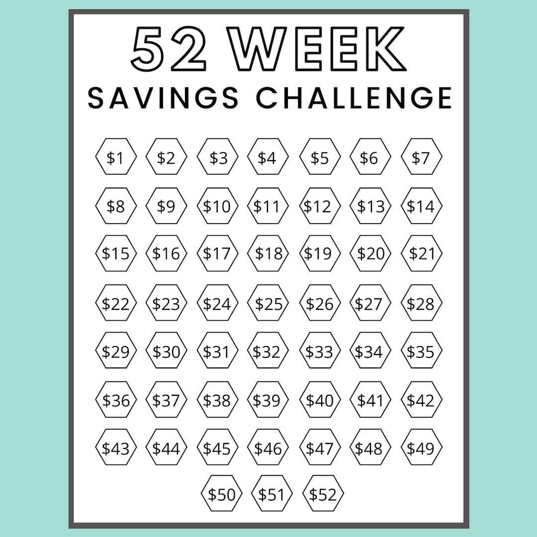 52 week Savings Challenge Printable Etsy