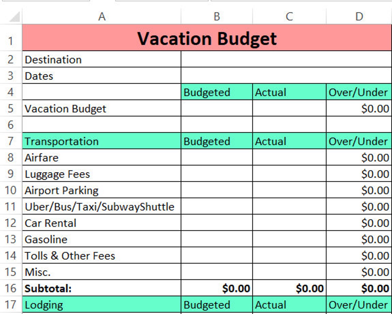 Vacation Budget Template Zerobased Budget Excel Download Etsy