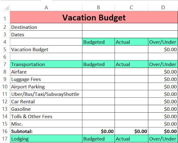 Vacation Budget Template Zero-Based Budget Excel Download | Etsy