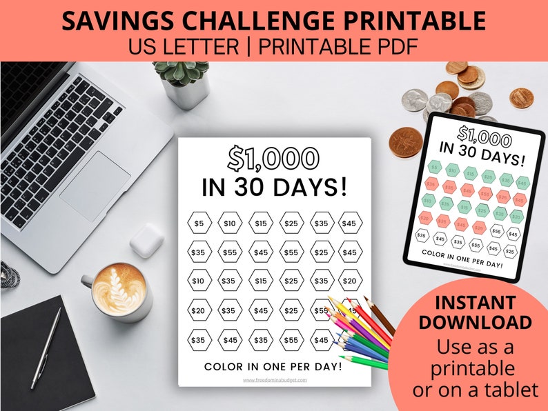 Money Saving Challenge Printable Save 1000 Challenge Savings Tracker Savings Planner image 1