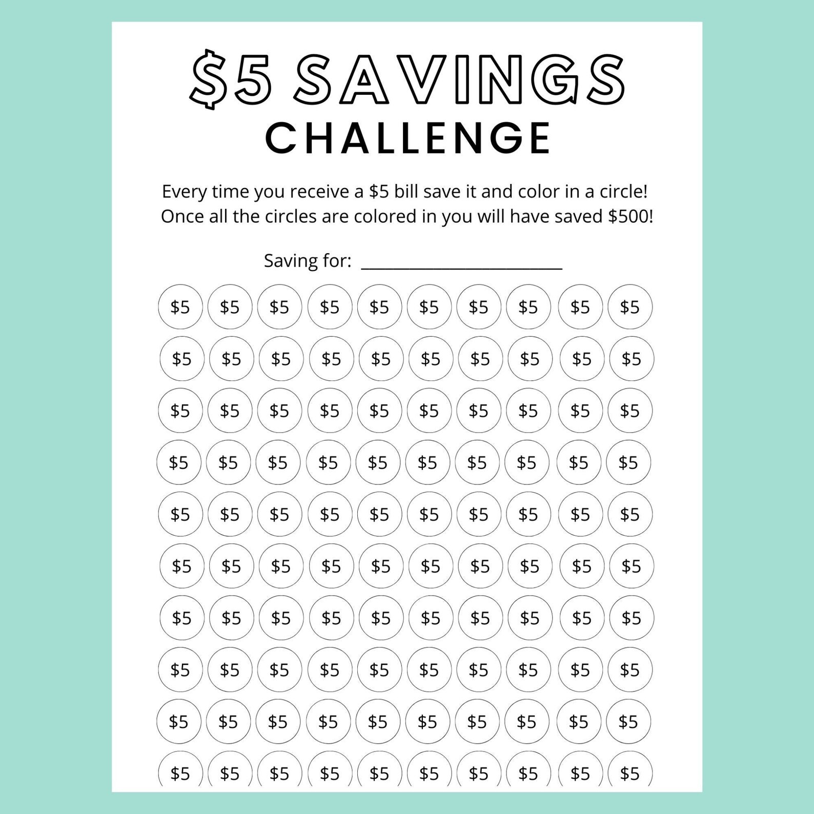 Money Saving Challenge Printable 5 Dollar Savings Challenge Savings Money Saving Challenge Printable 5 Dollar Savings Challenge Savings