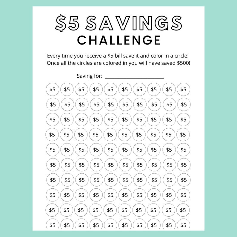 Money Saving Challenge Printable 5 Dollar Savings Challenge Savings Tracker Savings Planner image 1