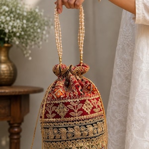 Gota patchwork Silk Potli Bag - Indian Handmade Party Favor (Lot of 100 Pcs, 9x10 inches)