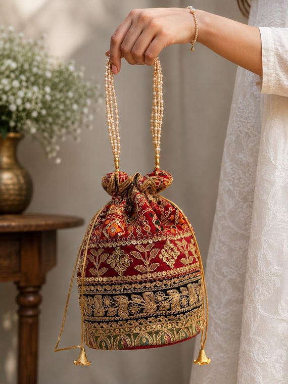 Gota patchwork Silk Potli Bag - Indian Handmade Party Favor (Lot of 100 Pcs, 9x10 inches)