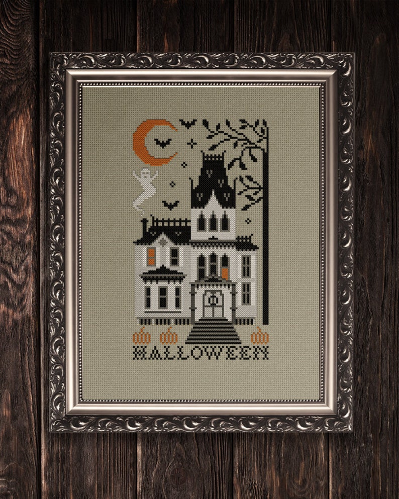Halloween Cross Stitch Pumpkin Chart Halloween Haunted House Cross Stitch Pattern PDF Printable Cross Stitch Embroidery Design