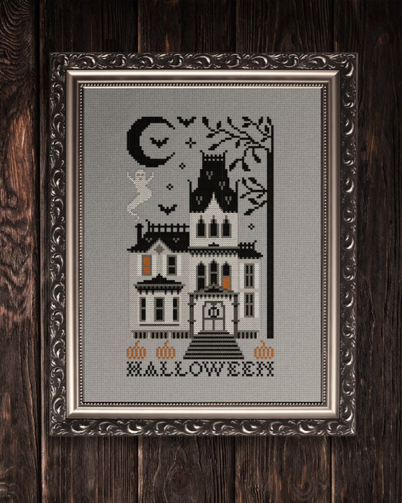 Halloween Cross Stitch Pumpkin Chart Halloween Haunted House Cross Stitch Pattern PDF Printable Cross Stitch Embroidery Design