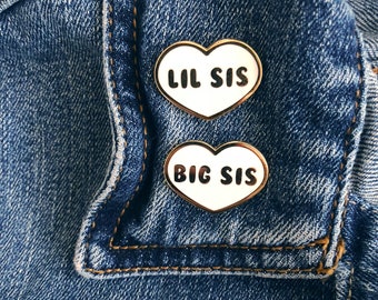 Lil sis + big sis, white heart shaped enamel pins