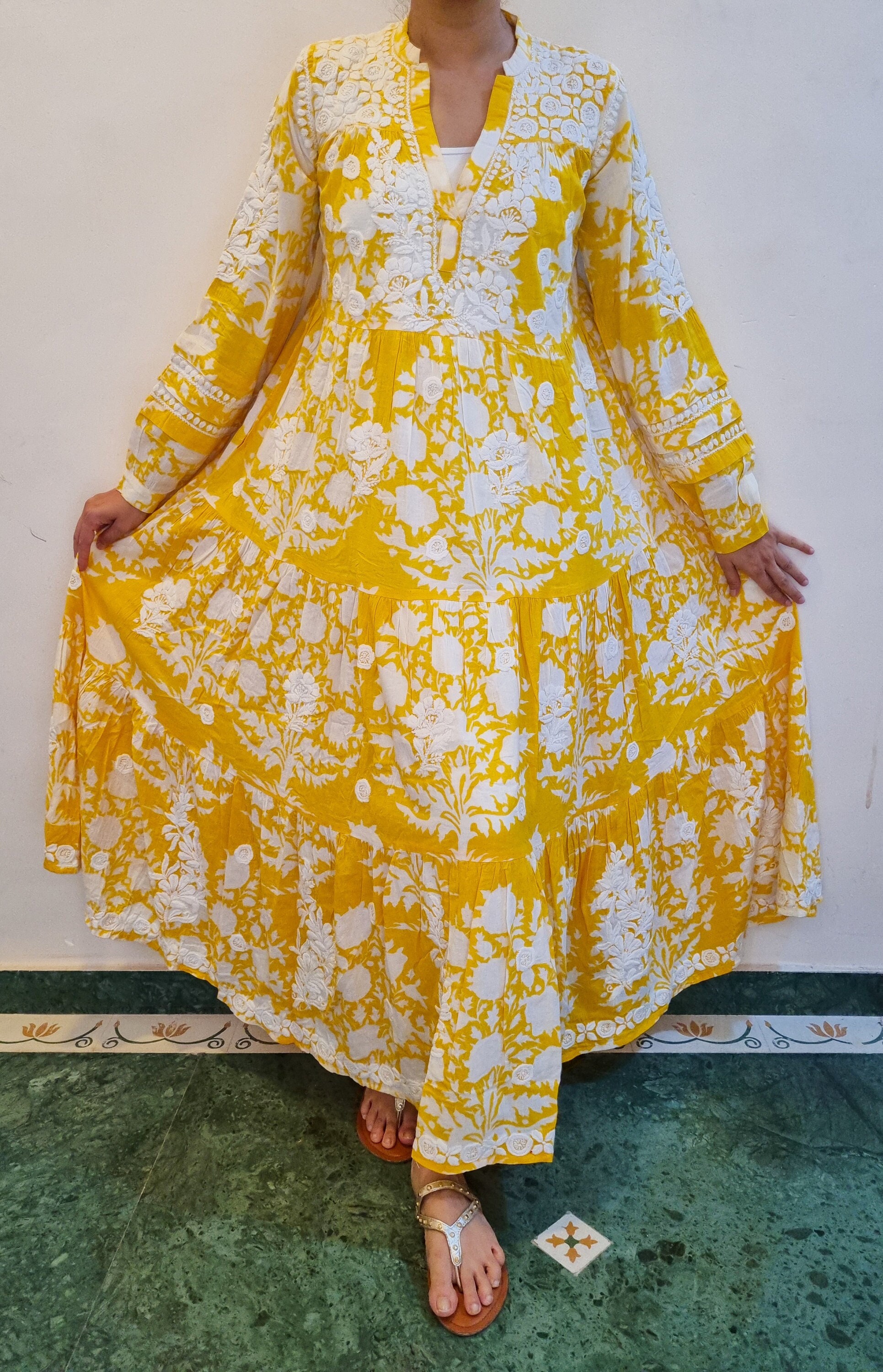 chinese dress ladies Vaishali Women's Lucknowi Handcrafted Cotton Chikankari Long Dress main image 0
