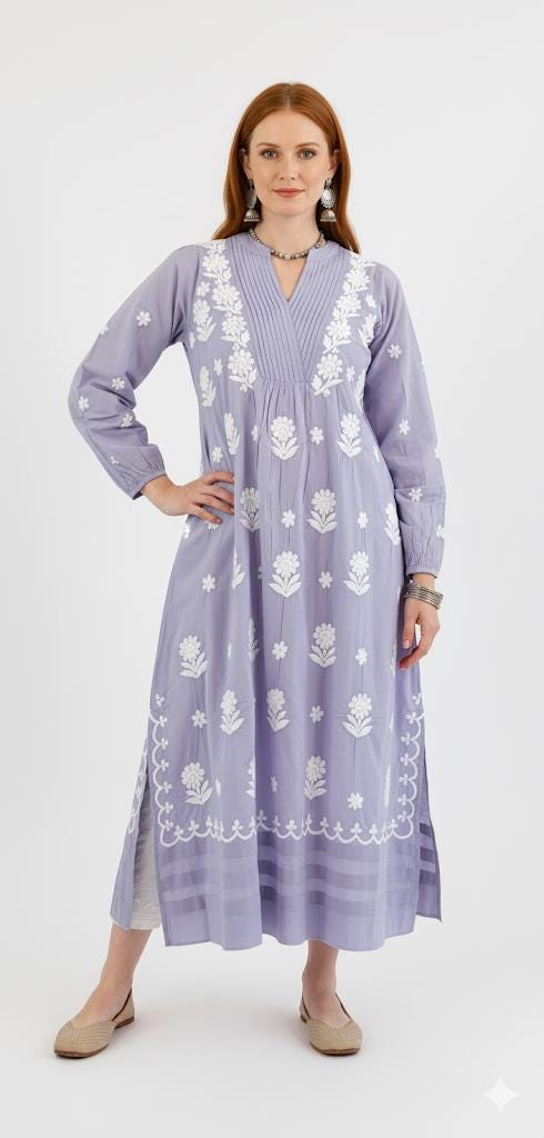 chinese dress ladies Ready to wear Off white Lucknowi Chikankari Annarkali Gown main image 0