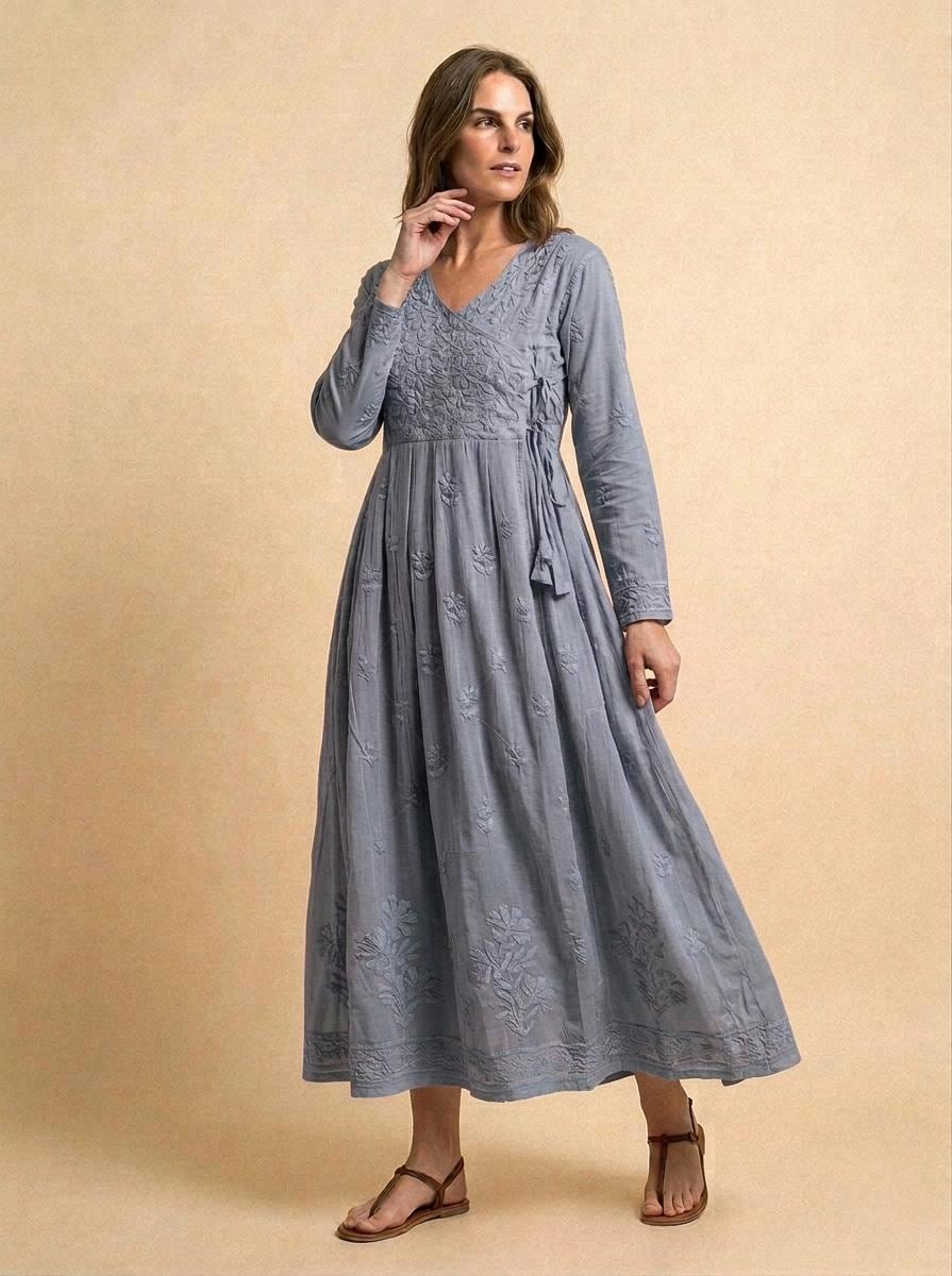 knee length dresses for ladies Peach Lucknowi Embroidered Floor Length Gown