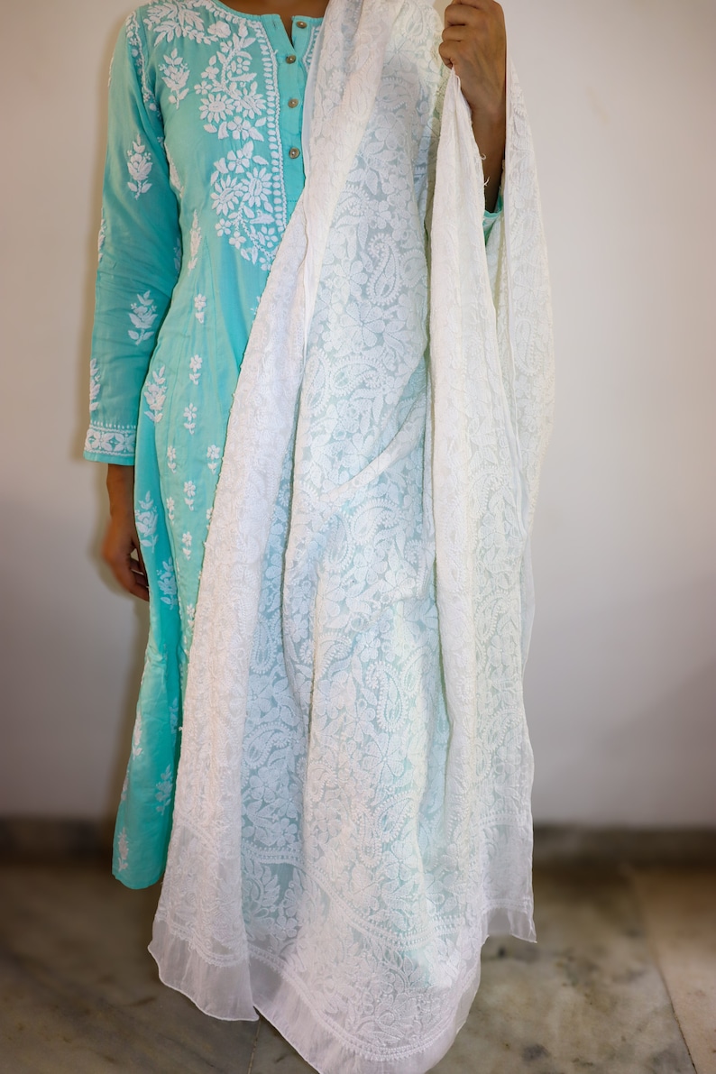 May include: A white embroidered cotton dupatta with a delicate floral pattern. The dupatta is draped over a light blue dress with white embroidery.