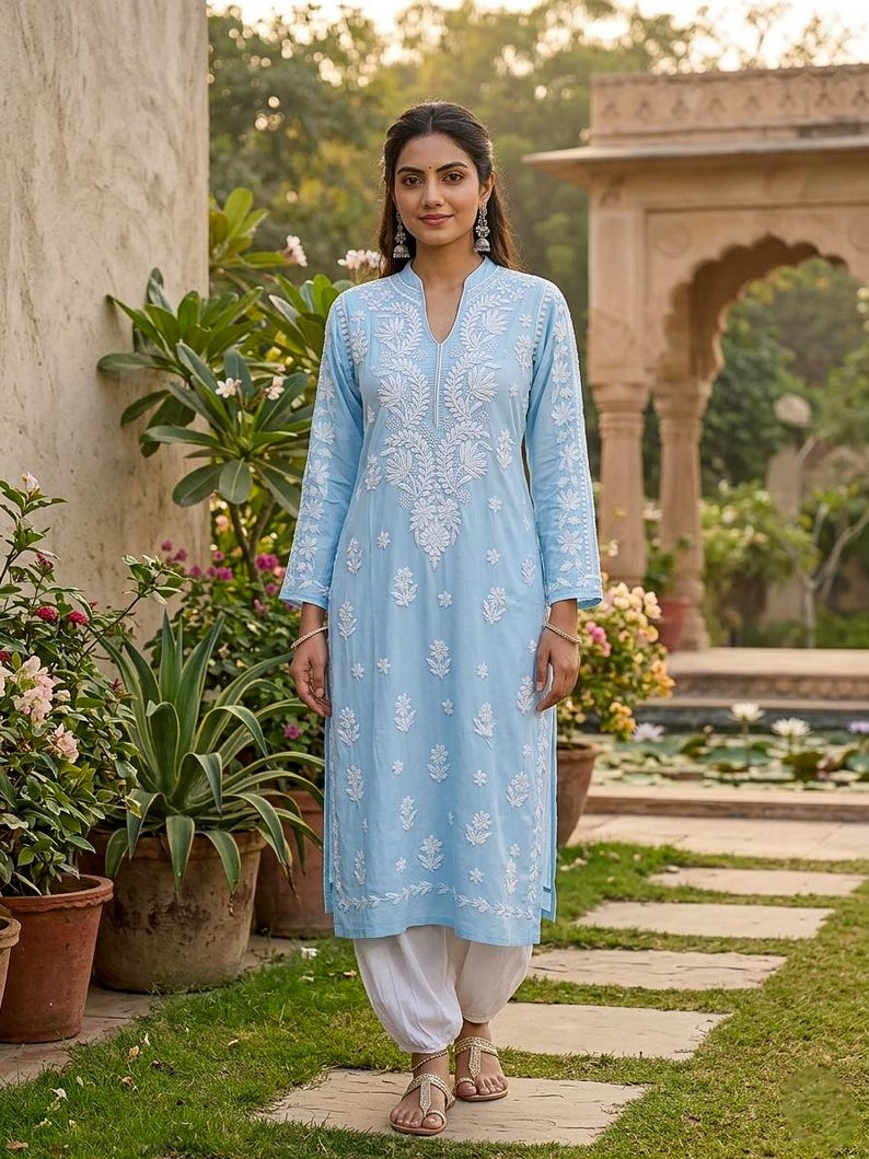 May include: A light blue tunic with intricate white embroidery. The tunic has long sleeves and a V-neck. The outfit is paired with white pants and gold sandals. The background features lush greenery and a stone structure.