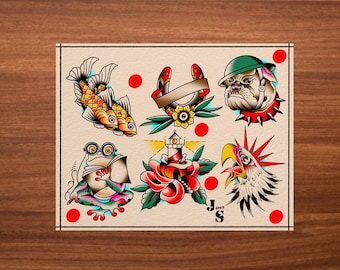 American Traditional Tattoo Flash Sheet 9 - Etsy