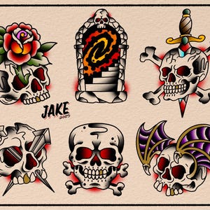 Stampa su foglio di tatuaggi con teschi tradizionali americani, 11x14