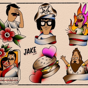May include: A collection of tattoo-style illustrations featuring characters from a cartoon show. The designs include a chef, a pirate, a character in flames, a couple, a burger with a heart, and a bearded man. The artist's name and year are also visible.