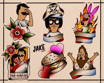 Folha de tatuagem tradicional americana flash v2 bobs hamburguer