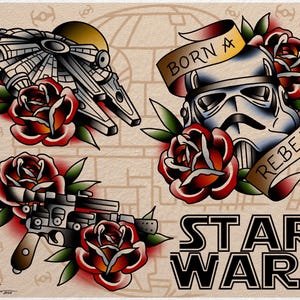 Puede incluir: Una ilustración digital de un diseño de tatuaje con temática de Star Wars. El diseño presenta un casco de Stormtrooper con una pancarta que dice "Born a Rebel", una nave espacial Millennium Falcon y una pistola bláster. Cada elemento está rodeado de rosas rojas.