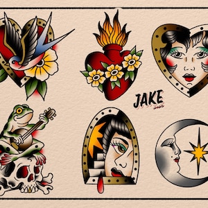May include: A collection of traditional tattoo flash art featuring a heart with a swallow, a flaming heart, a heart-shaped face, a frog playing guitar on a skull, a woman in a window, and a moon with a star. The artist's name "Jake" and the year "2023" are also visible.