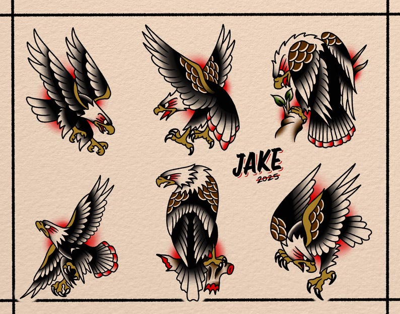 American Traditional Tattoo Flash Sheet V2 Eagles - Etsy