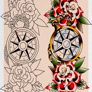 Könnte beinhalten: Ein traditionelles Tattoo-Design mit einem Kompass mit Kette und Rosen. Der Kompass ist golden mit einem blauen Zifferblatt und schwarzen Kompasspunkten. Die Rosen sind rot mit grünen Blättern. Das Design ist schwarz umrandet und hat einen Vintage-Stil.