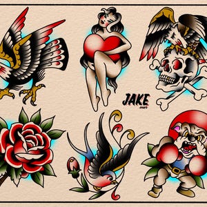 May include: A collection of traditional tattoo designs. Includes a detailed eagle, a woman holding a heart, an eagle atop a skull, a red rose, a swallow, and a boxer bulldog. The artist's name "JAKE 2025" is visible.