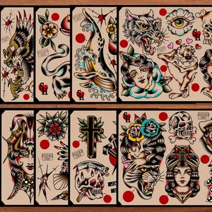 May include: A selection of traditional tattoo flash art featuring diverse designs. The artwork includes images of a baby, eagle, wolf, woman, and skull, with bold lines and vibrant colours. Each design is set against a tan background.