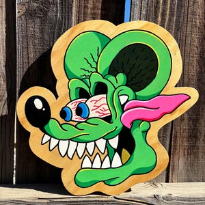 Hand Painted Rat Fink Tattoo Shop Sign Wood Cutout Barber Sign Garage Art