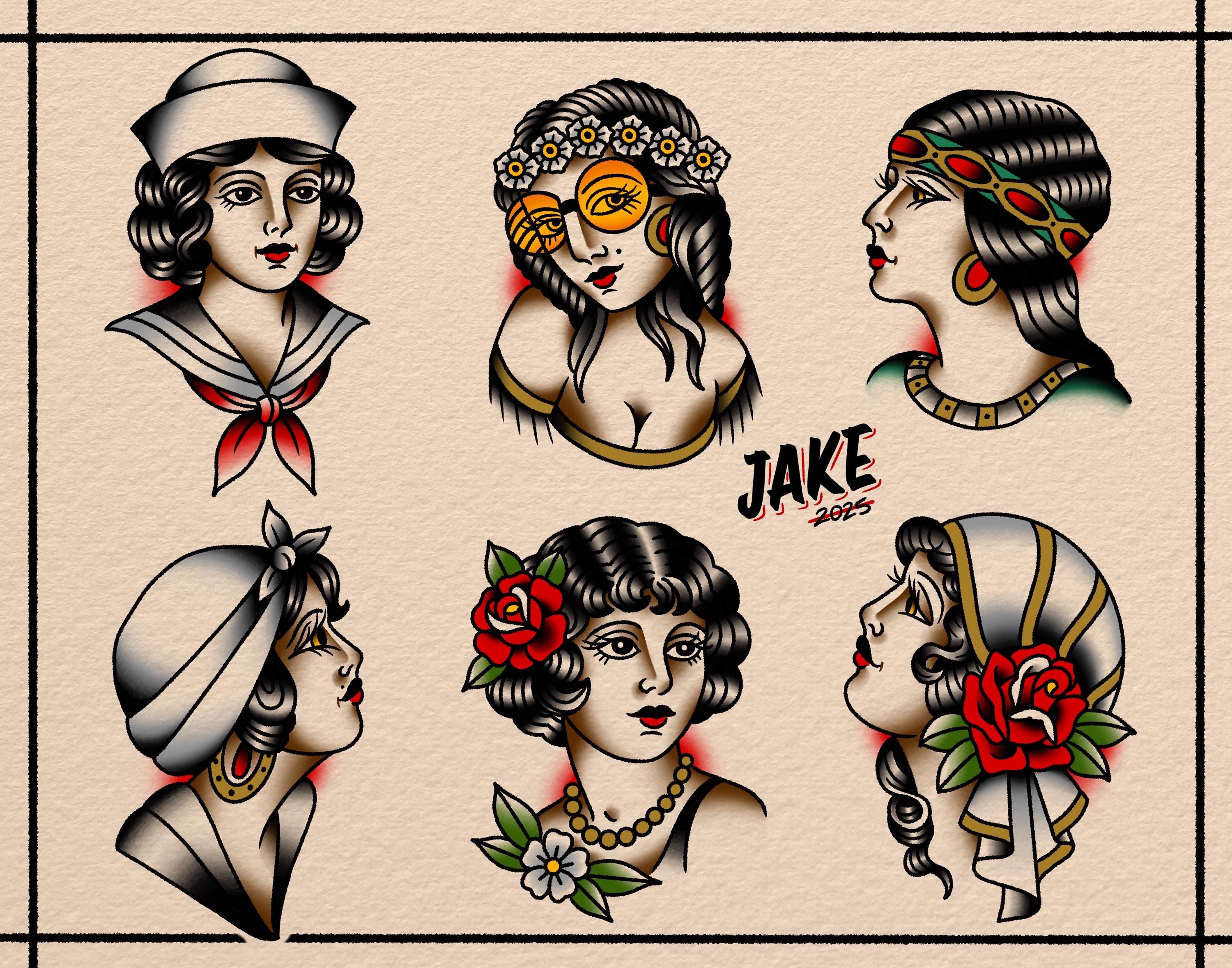 American Traditional Tattoo Flash Sheet V2 Ladies - Etsy