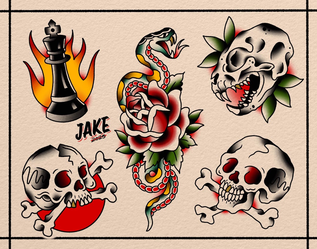 American Traditional Tattoo Flash Sheet V2 Snake - Etsy