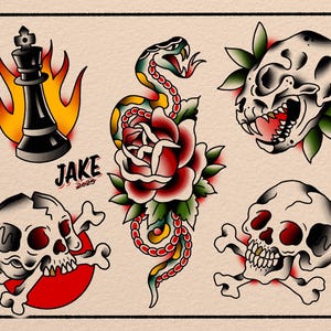 Może przedstawiać: Tradycyjny arkusz flash do tatuażu z różnymi wzorami. Zawiera czarny pionek szachowy w płomieniach, węża i różę oraz kilka wzorów czaszek. Widoczne jest również imię artysty, "JAKE 2025".