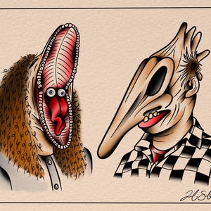 May include: A tattoo-style illustration featuring two stylized portraits. One depicts a creature with a wide-open mouth, revealing teeth and a red tongue. The other shows a figure with a long nose and a checkered shirt. Signed "JLSb 2025".