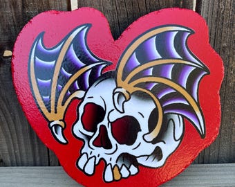American Traditional Bat Skull Handmade Sign Garage Art Tattoo Flash Shop Sign