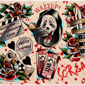 May include: A traditional tattoo style illustration featuring various elements from the Scream movie franchise. The illustration includes a Ghostface mask, a clapperboard, a phone, a knife, roses, and the words "SCREAM" and "WAZZUP!"