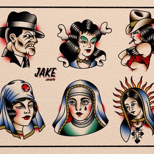 Może przedstawiać: Kolekcja sześciu tradycyjnych wzorów tatuaży flash art. Ilustracje przedstawiają surowego mężczyznę w fedorze, kobietę z wyszukanymi włosami, kobietę w kapeluszu kowbojskim, pielęgniarkę, zakonnicę i postać religijną z aureolą. Widoczne jest również imię artysty, "JAKE 2023".