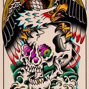 Puede incluir: Una ilustración de estilo tatuaje tradicional de una calavera con un ojo verde y morado, rodeada de olas. Un águila negra y dorada con detalles rojos está posada sobre la calavera.