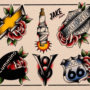 May include: Traditional tattoo flash art featuring a yellow and silver Chevrolet logo, a spark plug with a burst of light, a Harley-Davidson shield, a Cummins logo, a V8 emblem, and a Route 66 sign, all with red roses and green leaves.