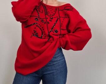 Vintage 90s S-M ST MICHAEL Red lambswool sequinned sweater, jumper