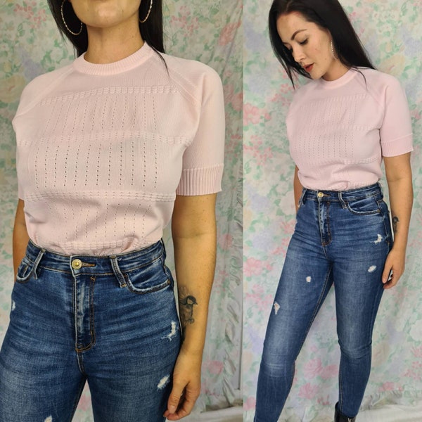 Vintage 80s UK8-12 baby pink short sleeve jumper sweater