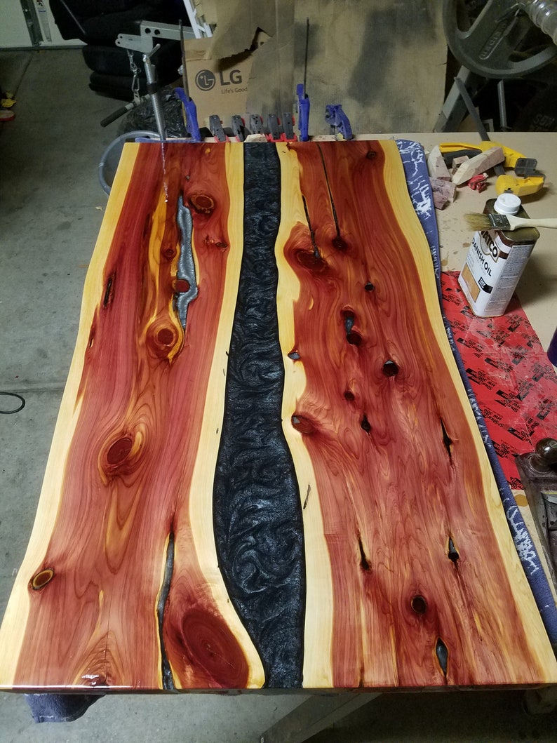 Red Cedar black metallic epoxy river coffee table | Etsy