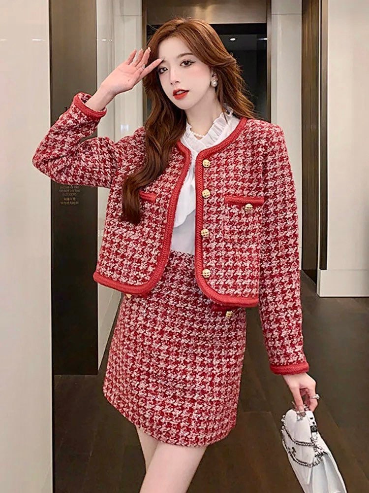 European Style Autumn Winter 2 Piece Set Women Short Woolen Tweed