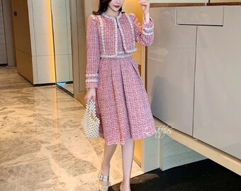 Pink Tweed Set- Elegant Long Sleeve Beading Jacket + Spaghetti Strap Dress