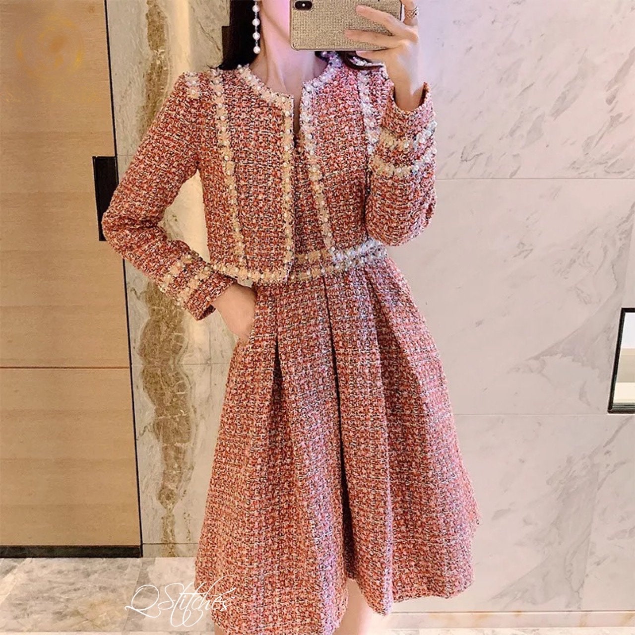 Pink Tweed Set Elegant Long Sleeve Beading Jacket Spaghetti - Etsy