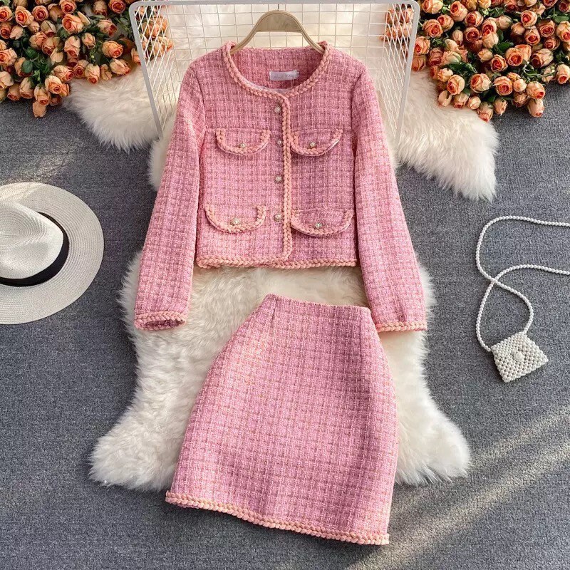 Two Piece Tweed Set in Pink - Etsy Singapore