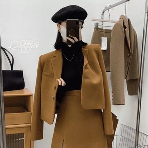 3 Piece Women Fashion Cropped Woolen Blazer + Turtle Neck Long Sleeve + Mini Skirt-Three Piece Suits