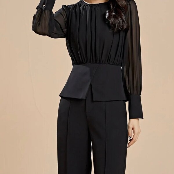 2 Piece Suit - Elegant Long Sleeve Top + Wide Leg Pant in Black