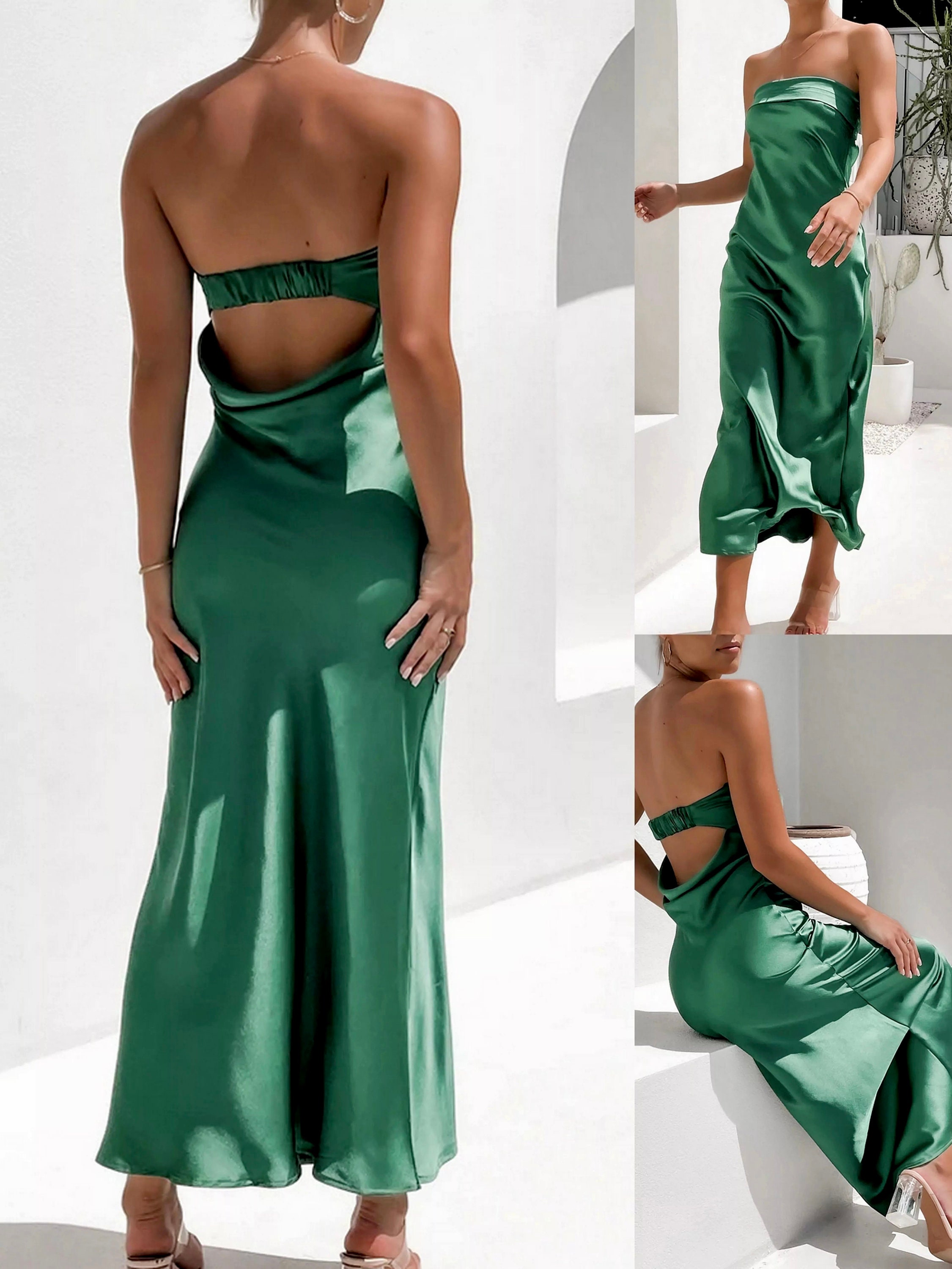 Satin Green Basic Strapless Dress Slim Backless Hollow Maxi Dress